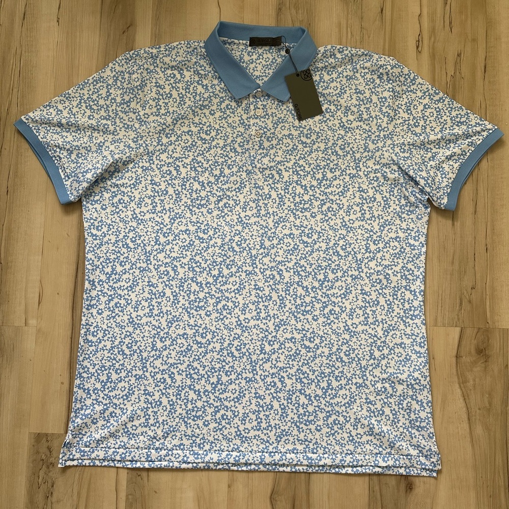 G/Fore Men Polo Shirt XXL Blue White Floral Print Short Sleeve Golf Performance